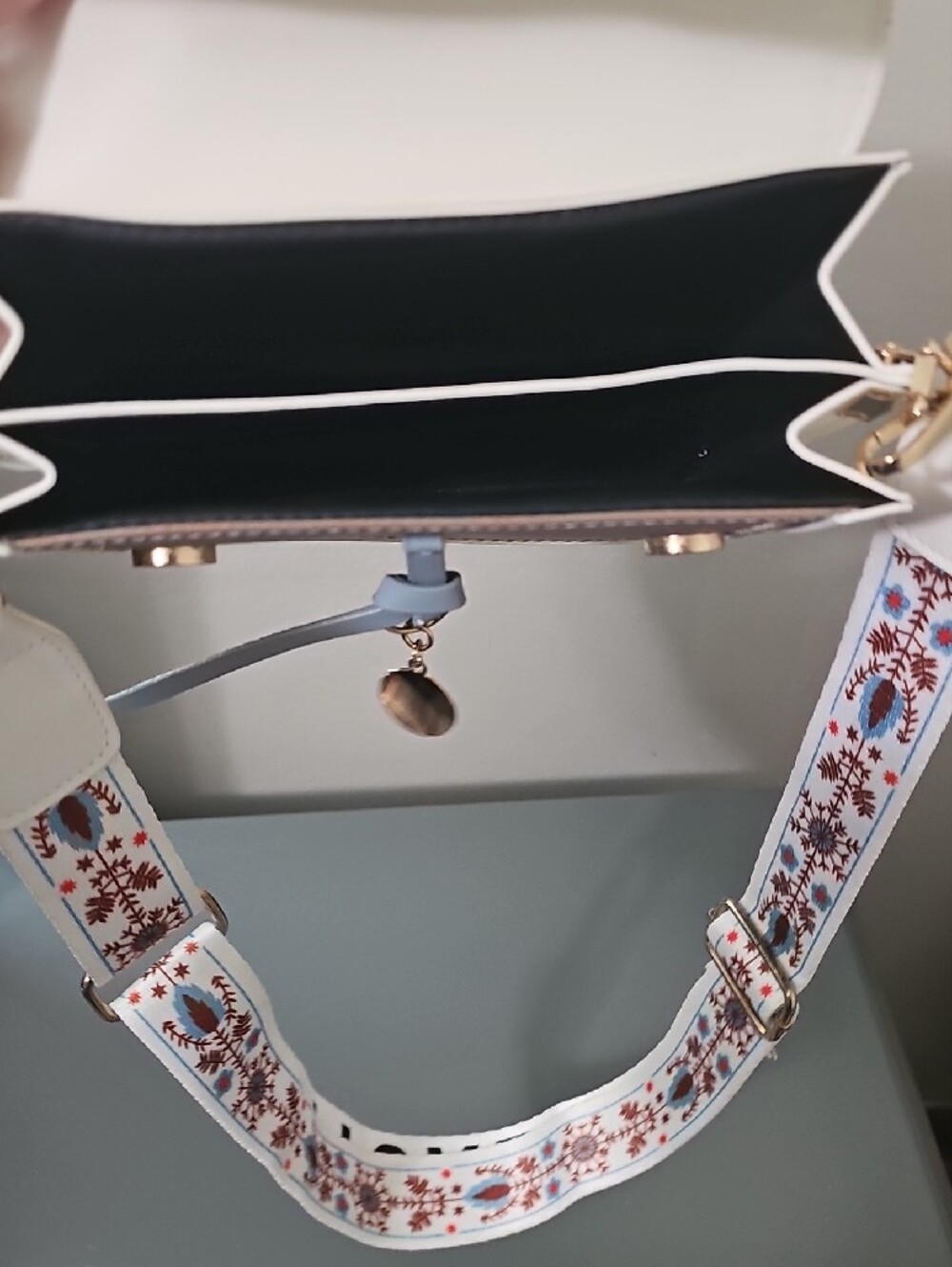 Light Blue Crossbody Bag with Embroidered Strap - Picture 3 of 3